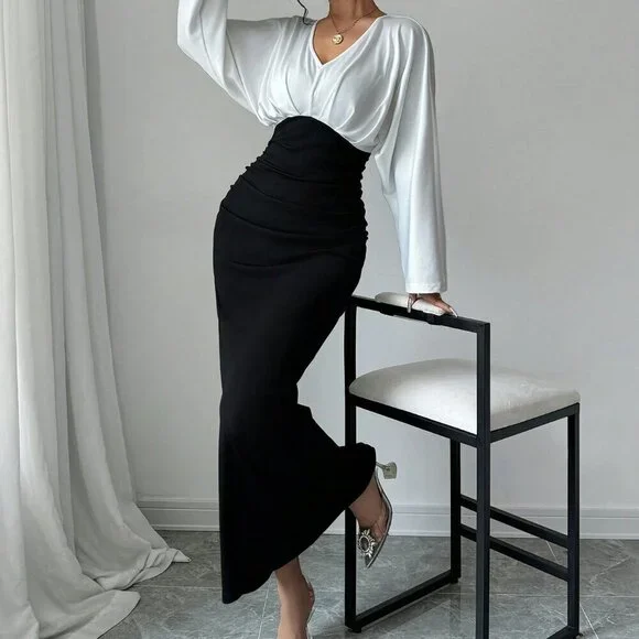 Black Elegant Women's Patchwork Long Sleeve Pleated Hem Casual Dress - Picture 1 of 6